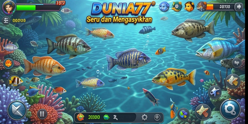 Tampilan gameplay seru Tembak Ikan di DUNIA77.