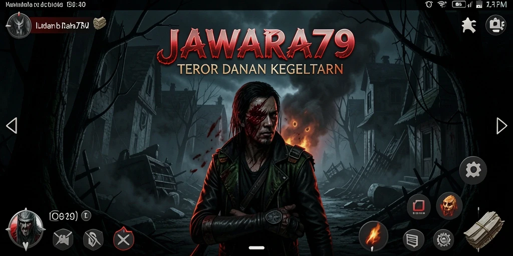 Screenshot utama JAWARA79 menampilkan suasana penuh ketegangan dan teror.