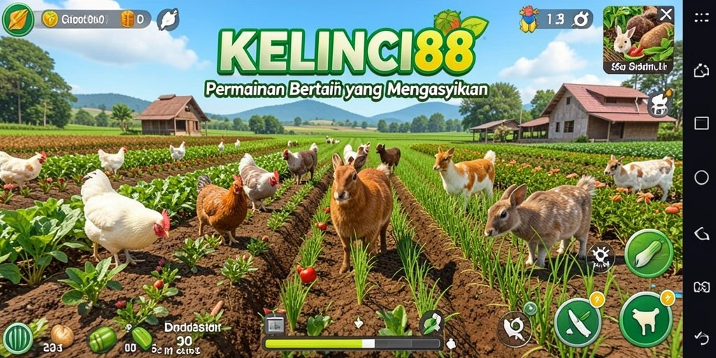 Tampilan gameplay KELINCI88 menampilkan ladang yang subur dan hewan ternak.