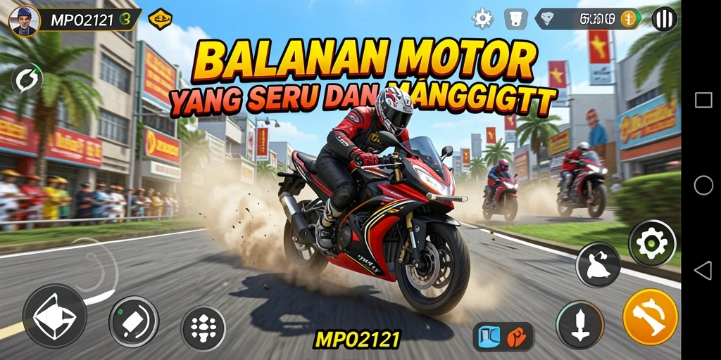Screenshot gameplay MPO2121 menampilkan aksi balapan motor yang seru.